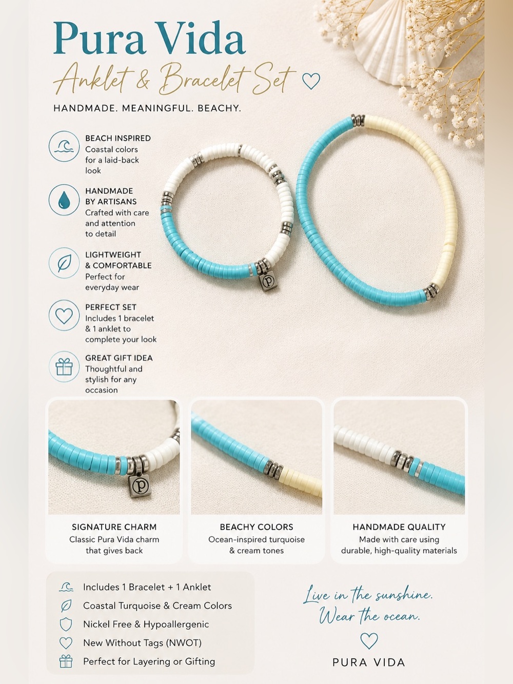 Pura Vida Coastal Bracelet & Anklet Set – New Without Tags